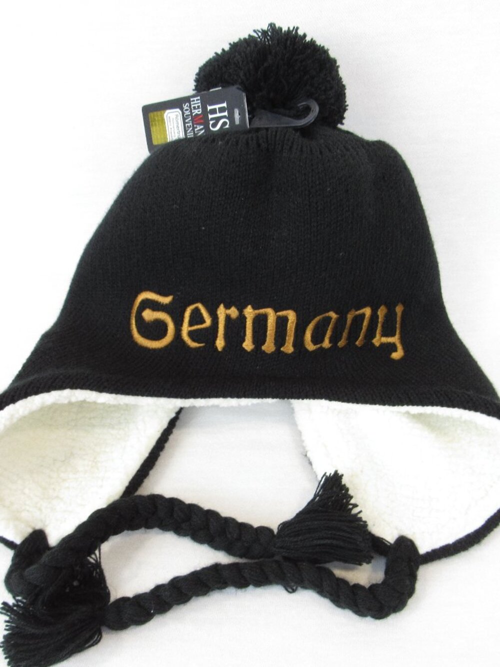Germany Knit Beanie Souvenir Ear Flap Adult Unisex Pom Pom NWT Black Embroidered